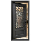 Black iron single entry door shown in left-hand inswing orientation with vertical glass panels, exterior front view