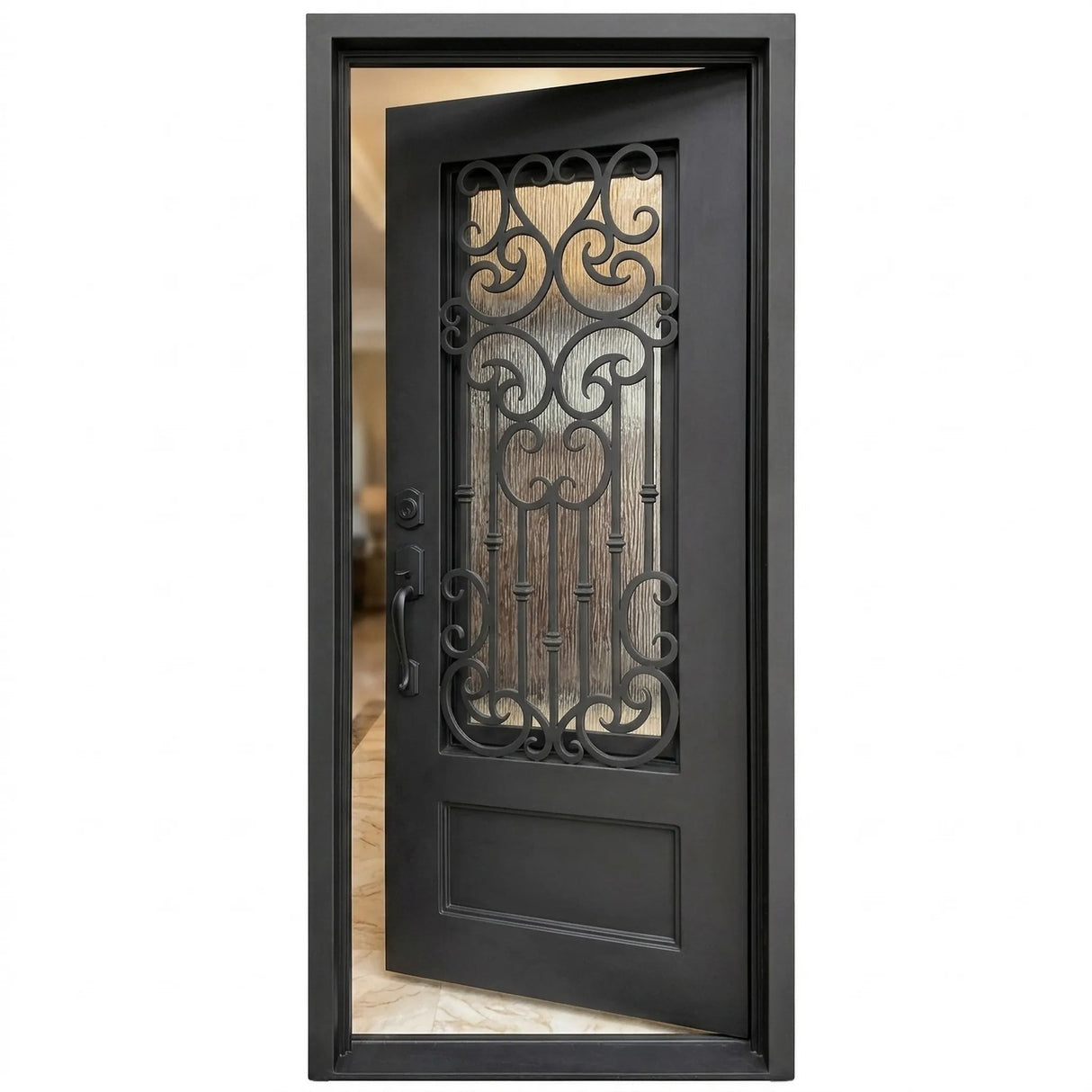Black iron single entry door shown in right-hand inswing orientation with vertical glass panels, exterior front view