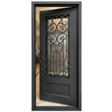 Black iron single entry door shown in right-hand inswing orientation with vertical glass panels, exterior front view