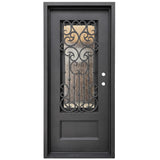 Black iron single front entry door with vertical glass panels, modern steel frame, straight-on view