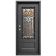 Black iron single front entry door with vertical glass panels, modern steel frame, straight-on view