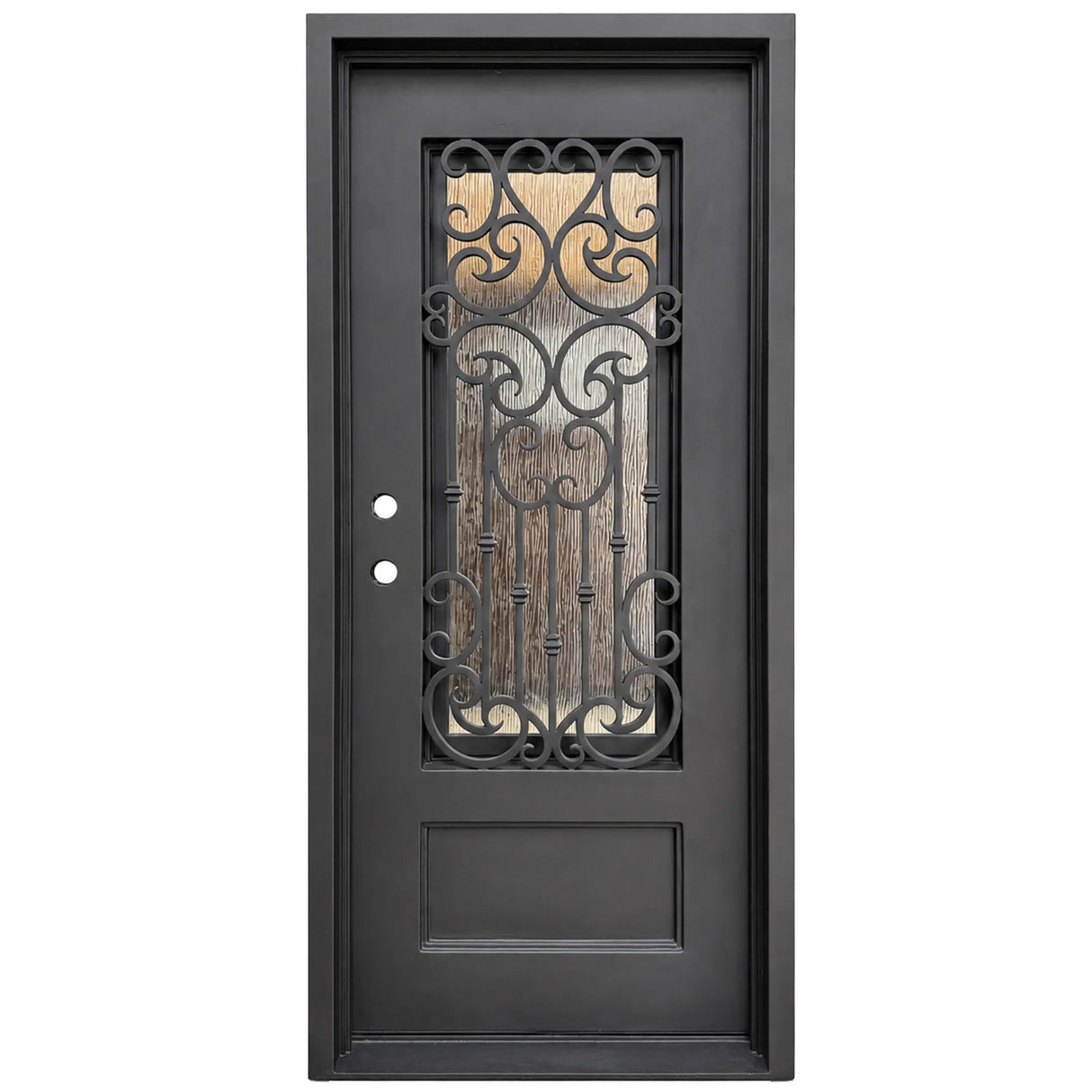 Black iron single front entry door with vertical glass panels, modern steel frame, straight-on view