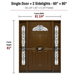 60 x 80 fiberglass single front entry door with sidelights dimensions and frame size diagram for London door