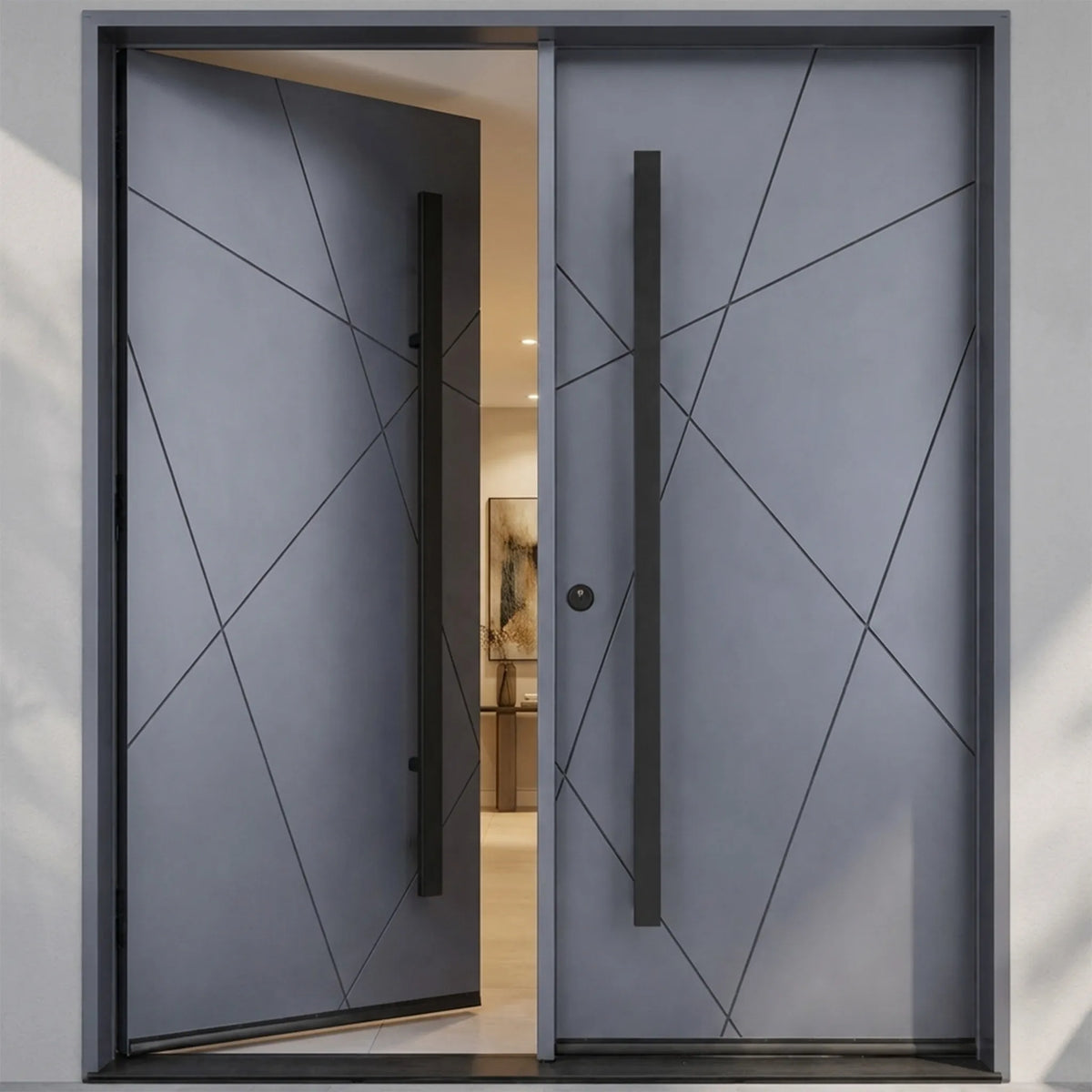 Solid wood double front entry door with the left door slightly opened on M2011 door