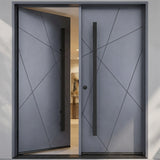 Solid wood double front entry door with the left door slightly opened on M2011 door