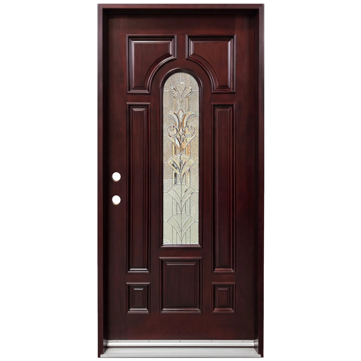 Solid wood single front entry door with decorative beveled glass panel and mahogany finish, front view