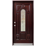 Solid wood single front entry door with decorative beveled glass panel and mahogany finish, front view