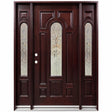 Solid wood front entry door with two sidelights and decorative beveled glass panels, mahogany finish, front view