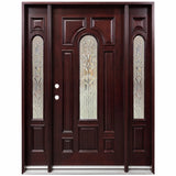 Solid wood front entry door with two sidelights and decorative beveled glass panels, mahogany finish, front view