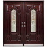 Solid wood double front entry door with decorative beveled glass panels and mahogany finish, front view