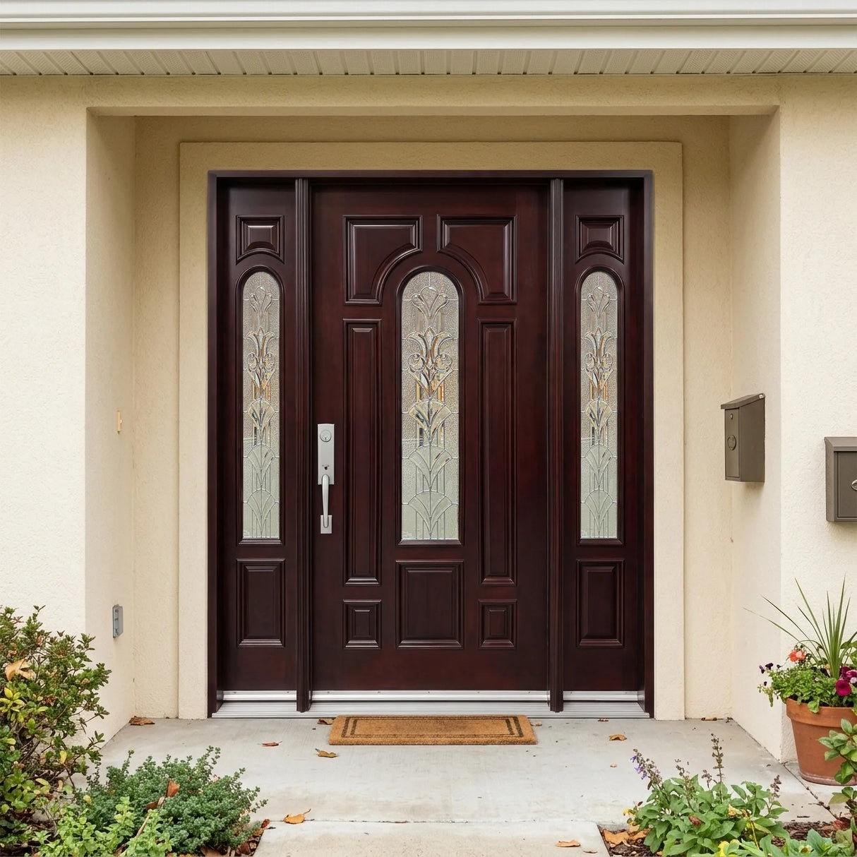 Solid wood front entry door with sidelights installed on home exterior featuring decorative beveled glass panels