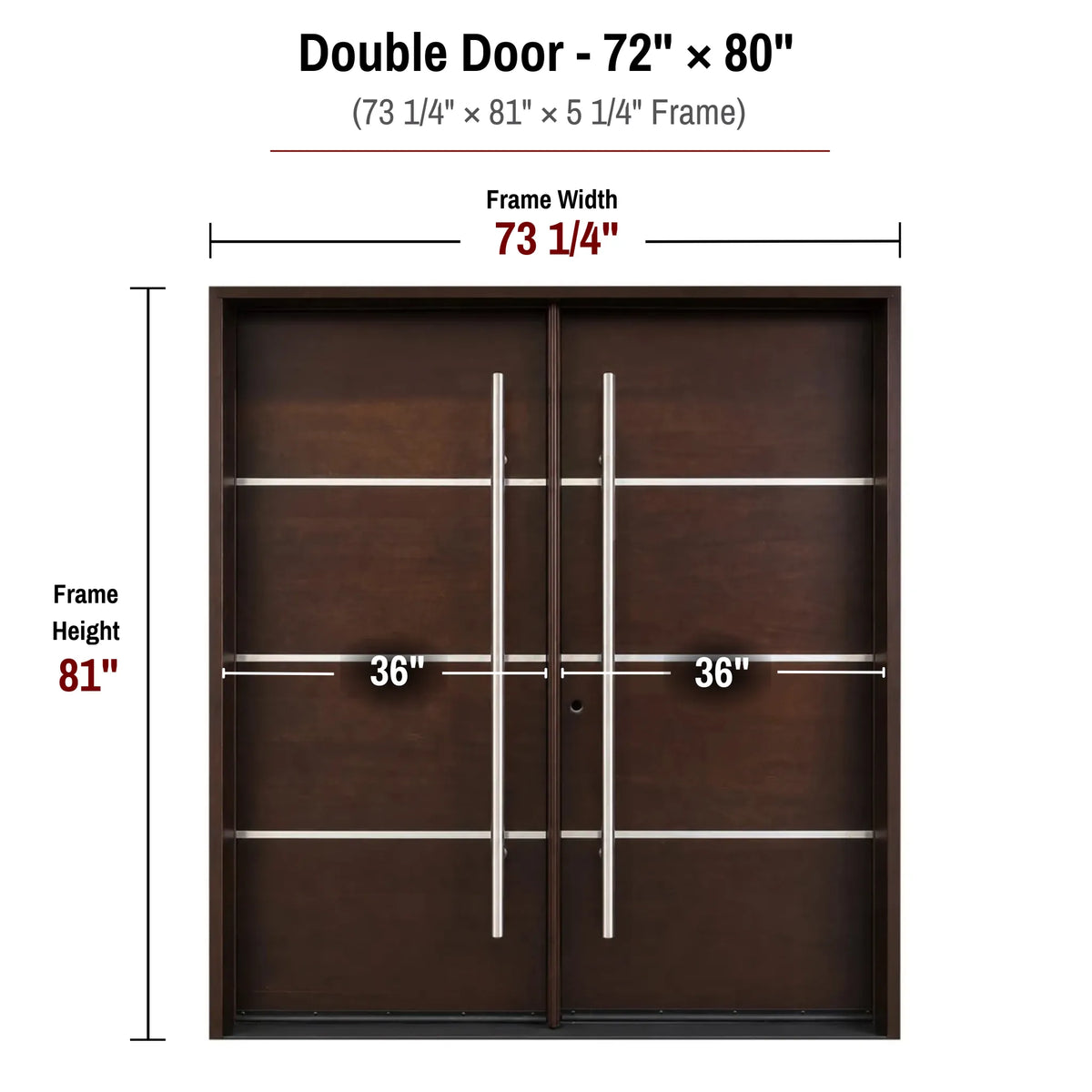 72 x 80 solid wood double front entry door dimensions and frame size diagram for M5P door