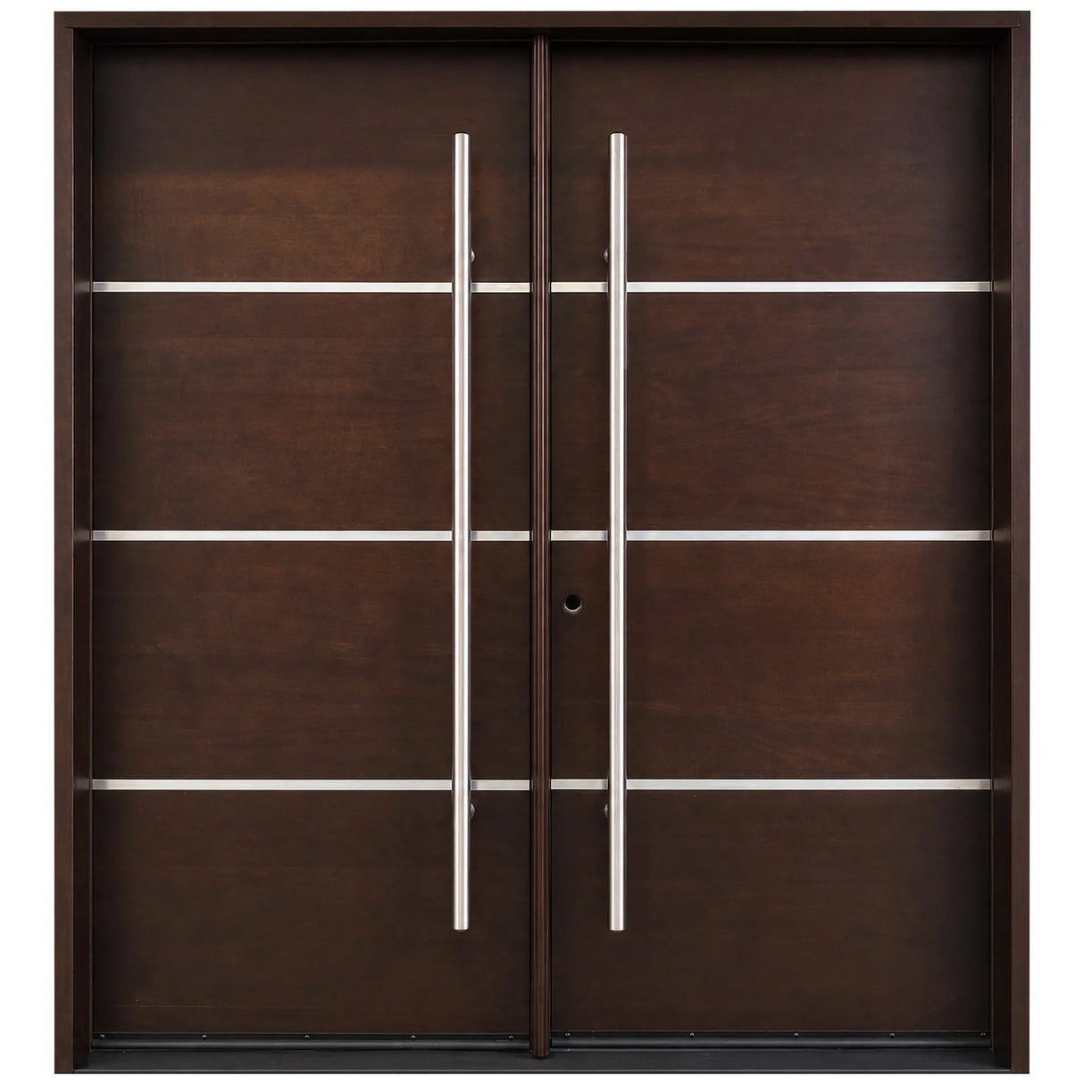 Double front entry door with solid panel design and classic styling, straight-on exterior view