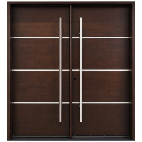 Double front entry door with solid panel design and classic styling, straight-on exterior view