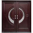 Solid wood double front entry door with decorative glass panels and mahogany finish, front view