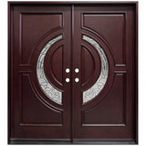 Solid wood double front entry door with decorative glass panels and mahogany finish, front view