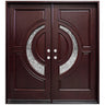 Solid wood double front entry door with decorative glass panels and mahogany finish, front view