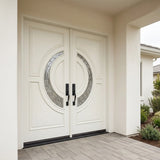 White double front entry door installed on home exterior with crescent glass panels and traditional styling