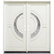 White double front entry door with crescent glass panels and classic design, straight-on view