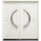 White double front entry door with crescent glass panels and classic design, straight-on view