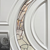 Detailed close-up of crescent-shaped glass panels on white front door highlighting design and texture