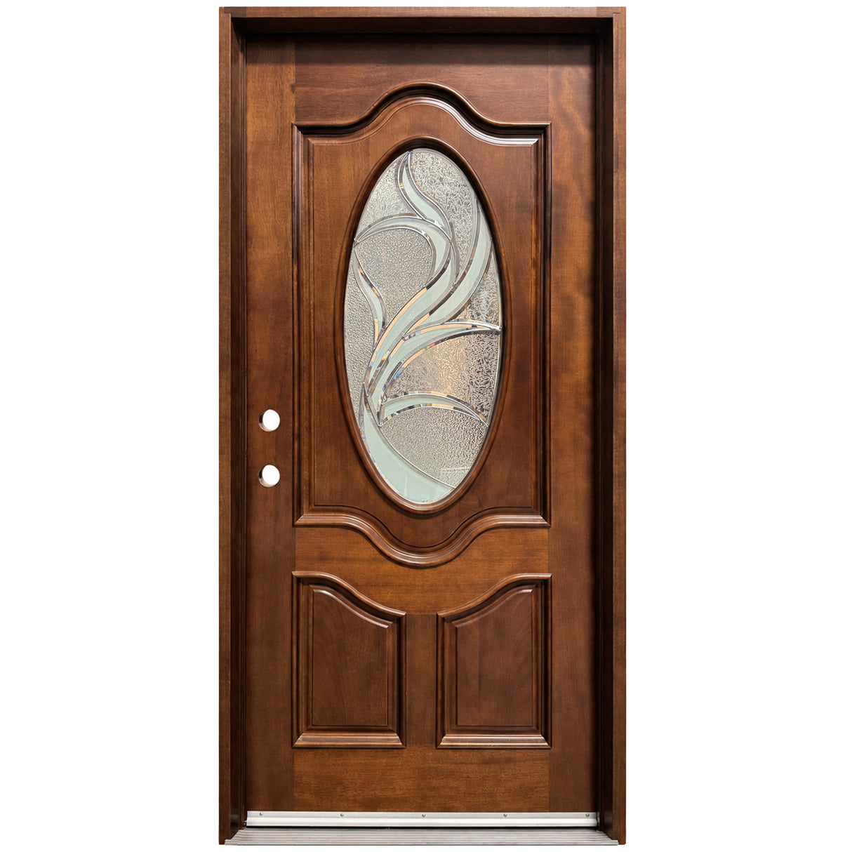 Solid wood single front entry door with decorative oval beveled glass panel and mahogany finish, front view
