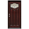 Single front entry door with decorative glass panel and elegant Paris-style design, straight-on view
