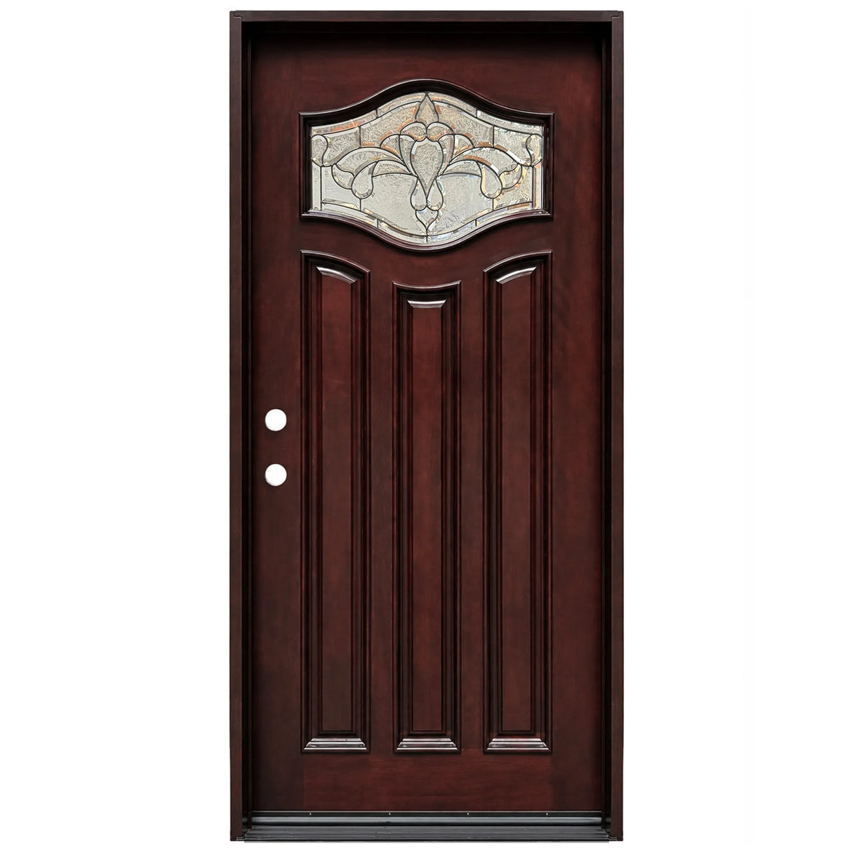 Single front entry door with decorative glass panel and elegant Paris-style design, straight-on view