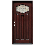 Single front entry door with decorative glass panel and elegant Paris-style design, straight-on view