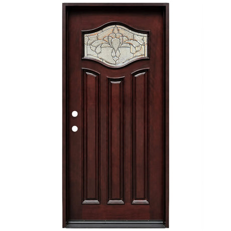 Single front entry door with decorative glass panel and elegant Paris-style design, straight-on view