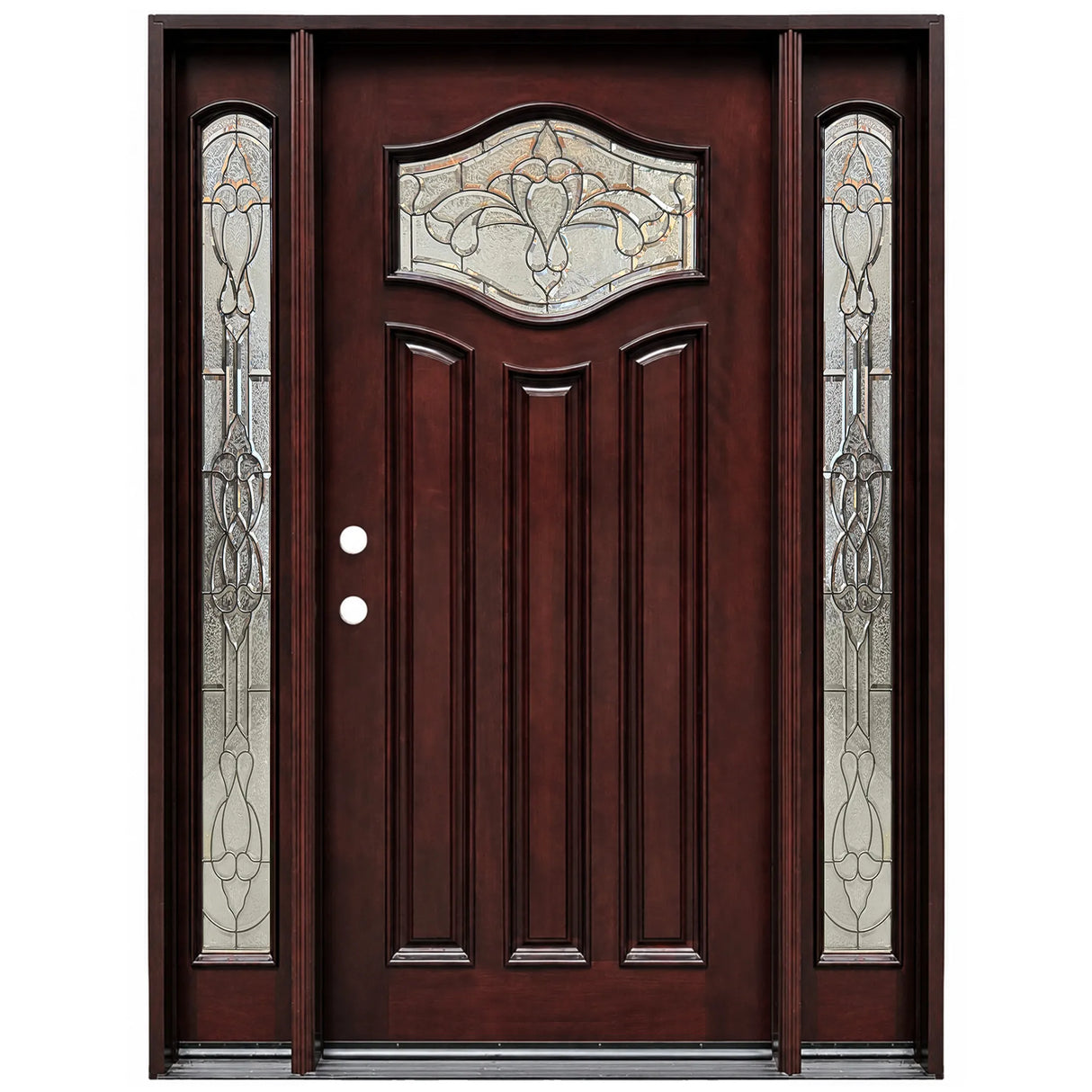 Single with two sidelights front entry door with decorative glass panel and elegant Paris-style design