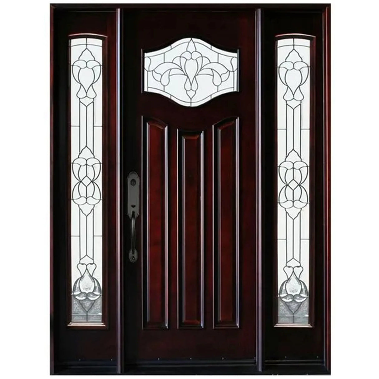 Single with two sidelights front entry door with decorative glass panel and elegant Paris-style design