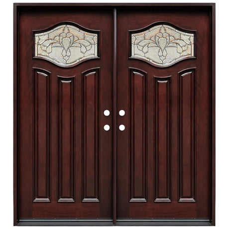Double front entry door with decorative glass panels and Paris-style design, straight-on exterior view