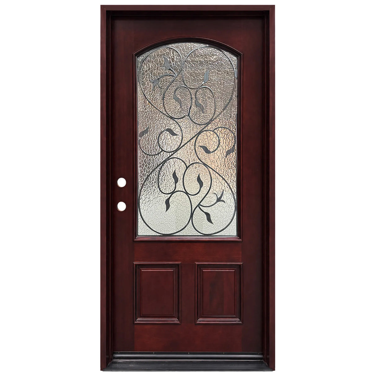 Single front entry door with decorative glass panel and traditional design, straight-on view