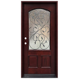 Single front entry door with decorative glass panel and traditional design, straight-on view