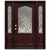 Front entry door with two sidelights and decorative glass panels, classic exterior front view