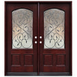 Double front entry door with decorative glass panels and classic panel design, straight-on exterior view