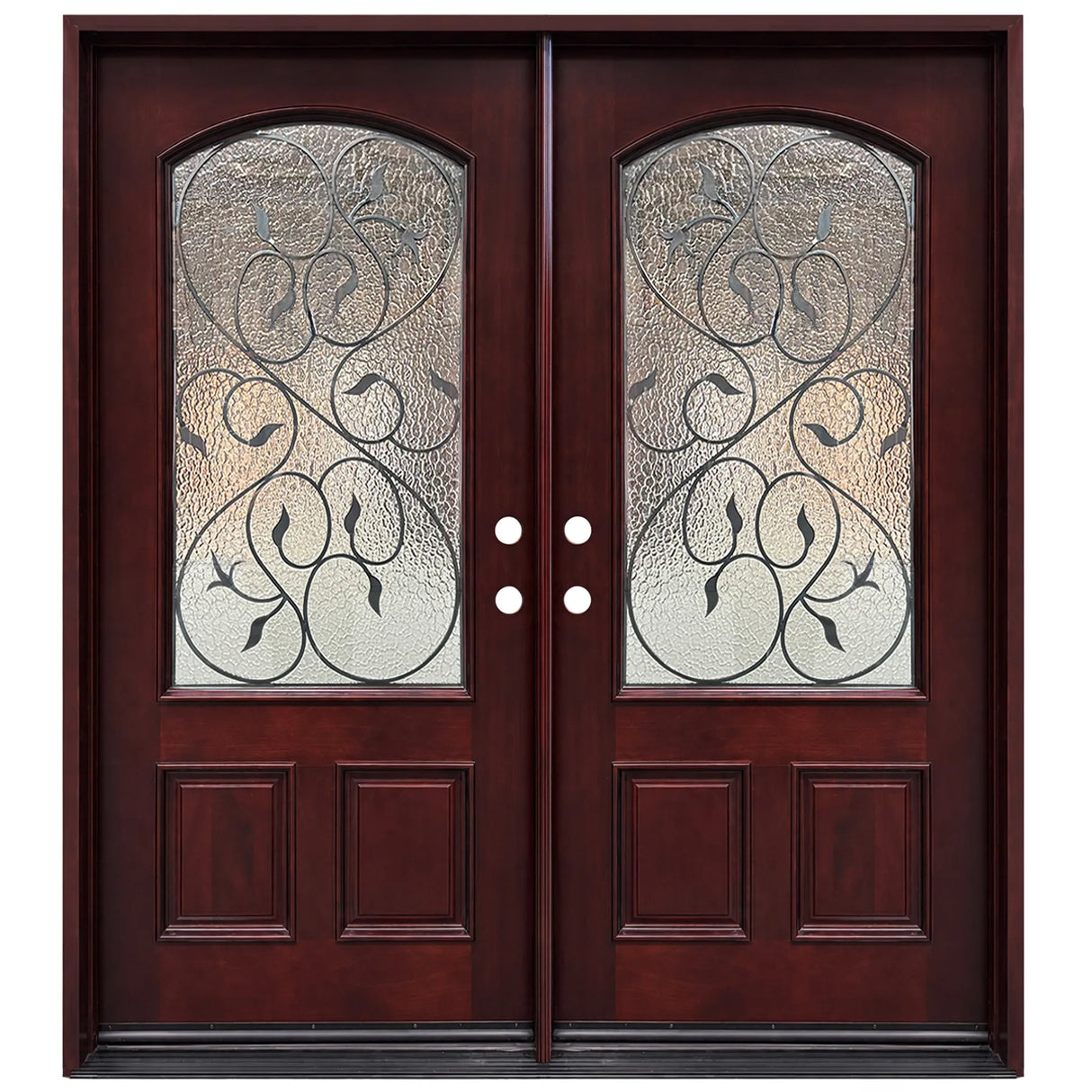 Double front entry door with decorative glass panels and classic panel design, straight-on exterior view