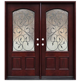 Double front entry door with decorative glass panels and classic panel design, straight-on exterior view