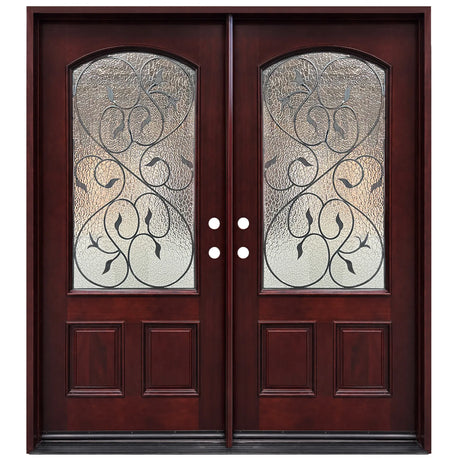 Double front entry door with decorative glass panels and classic panel design, straight-on exterior view