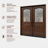 Fiberglass front door features and benefits infographic highlighting insulated core, wood grain finish, decorative beveled glass, and prehung design