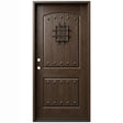 Fiberglass single front entry door with decorative speakeasy grille and wood grain finish, front view