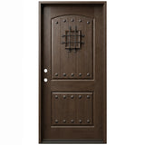 Fiberglass single front entry door with decorative speakeasy grille and wood grain finish, front view