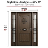 60 x 80 fiberglass front entry door with two sidelights dimensions and frame size diagram