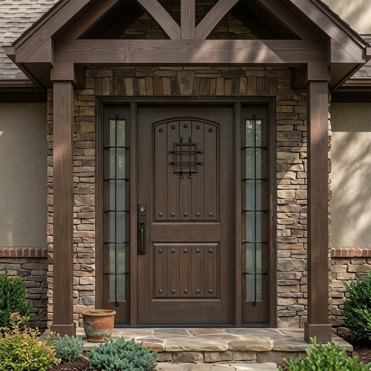 Fiberglass front entry door installed on home exterior with decorative speakeasy grille and sidelights