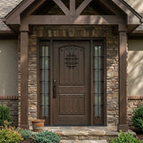 Fiberglass front entry door installed on home exterior with decorative speakeasy grille and sidelights