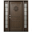 Fiberglass front entry door with two sidelights, decorative speakeasy grille, and wood grain finish, front view