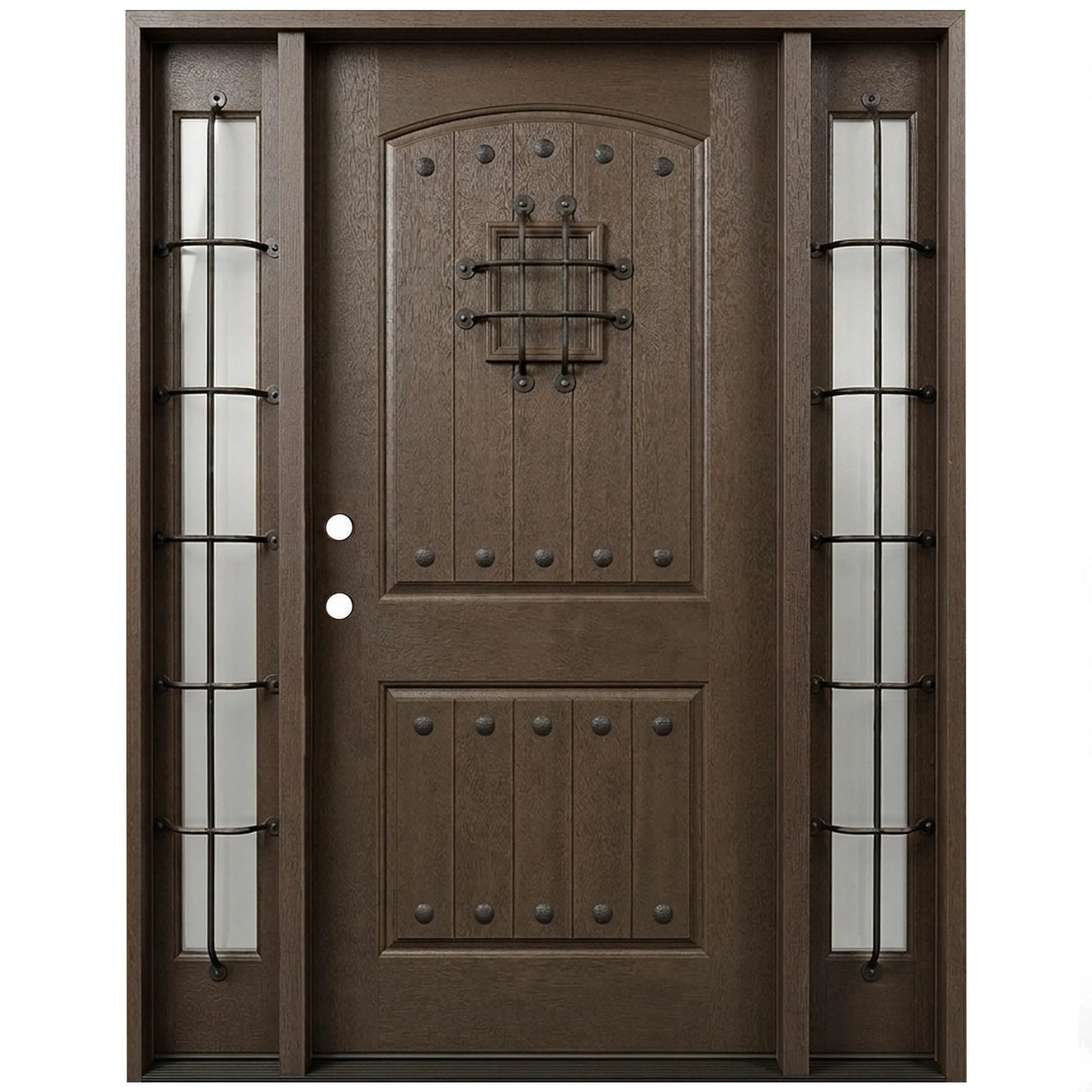 Fiberglass front entry door with two sidelights, decorative speakeasy grille, and wood grain finish, front view