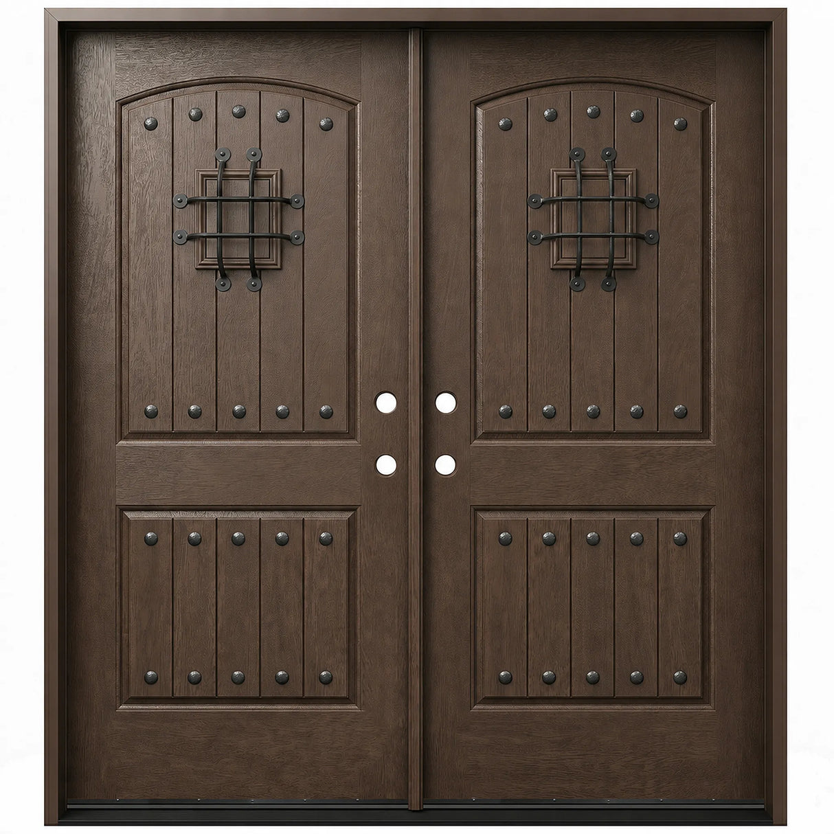 Fiberglass double front entry door with decorative speakeasy grilles and wood grain finish, front view
