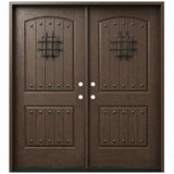 Fiberglass double front entry door with decorative speakeasy grilles and wood grain finish, front view